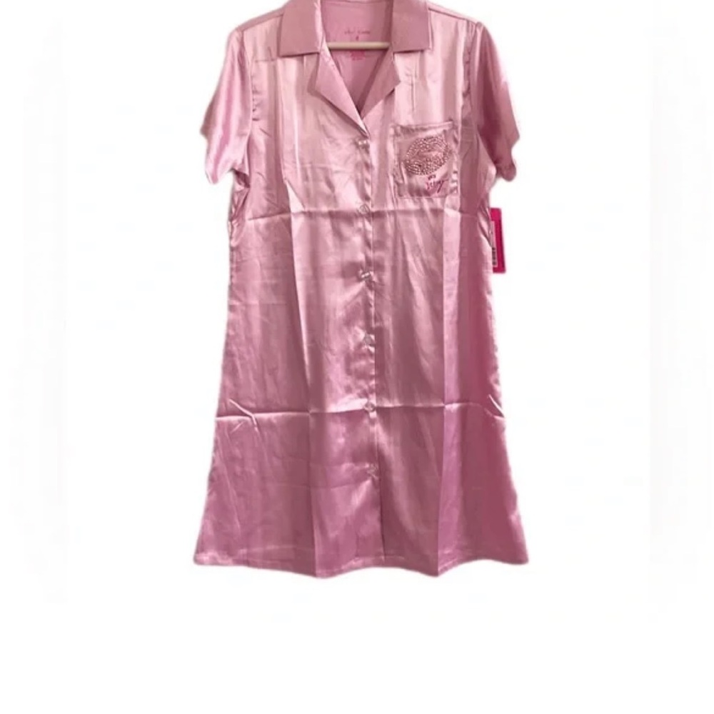 NWT Betsey Johnson Pink Satin Pajama Shirt with Rhinestone Lips - Size M - Picture 4 of 5